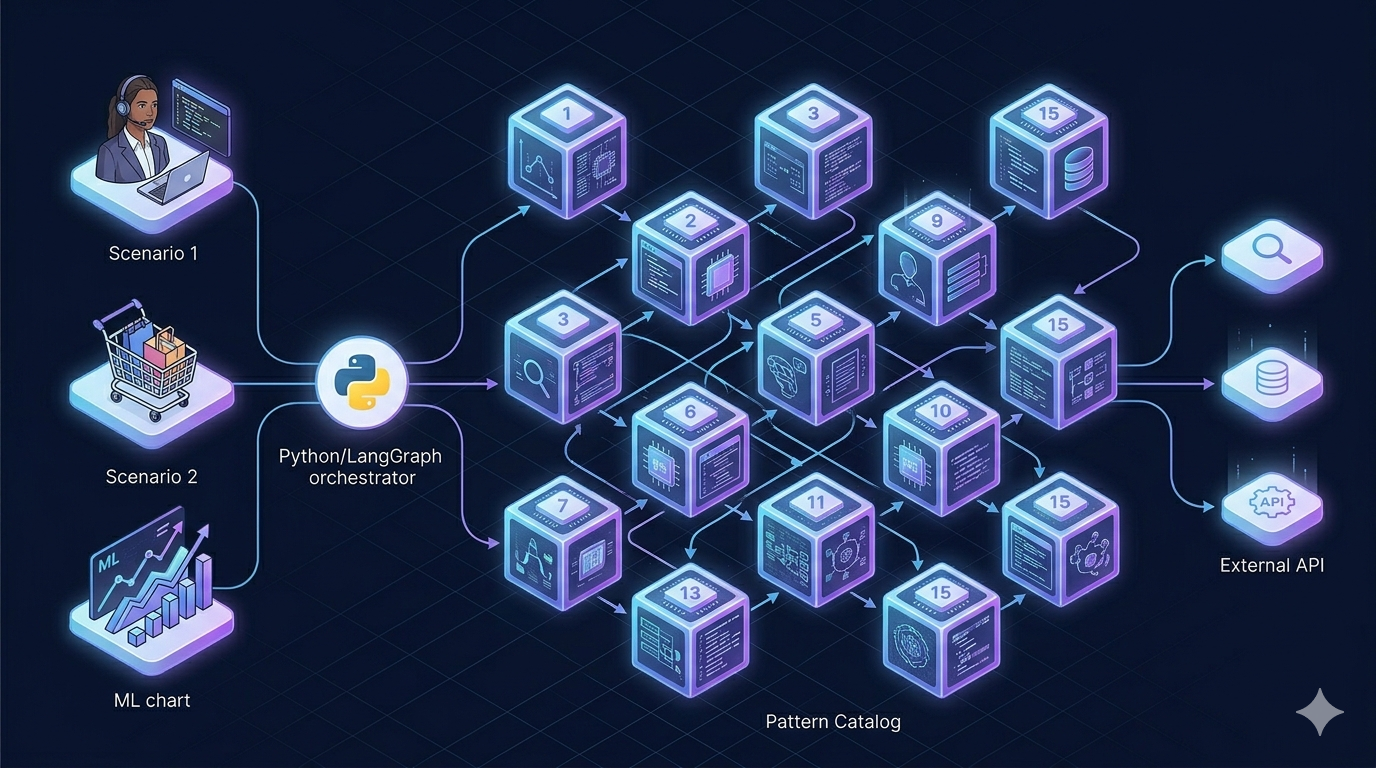 Agentic AI design patterns catalog — 15 LangGraph patterns across three shared scenarios