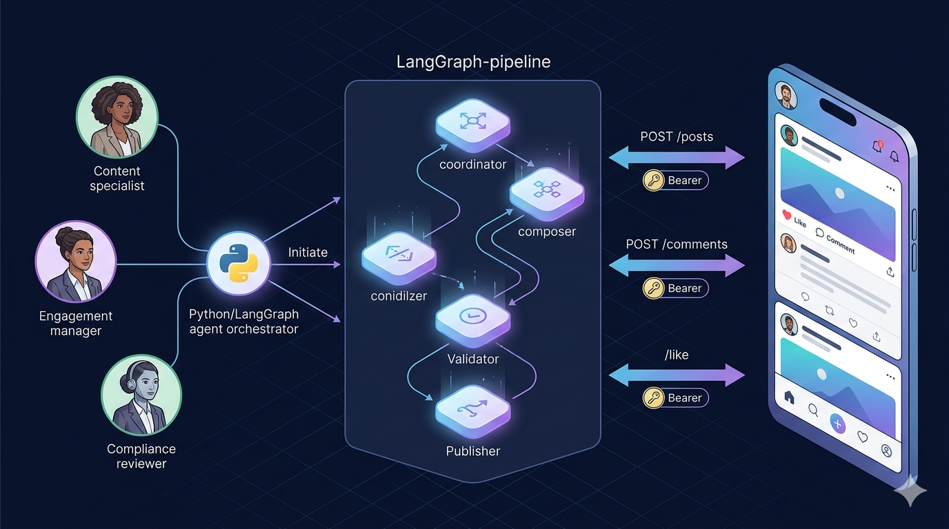 LangGraph multi-agent pipeline orchestrating posts, comments, and likes on a social feed