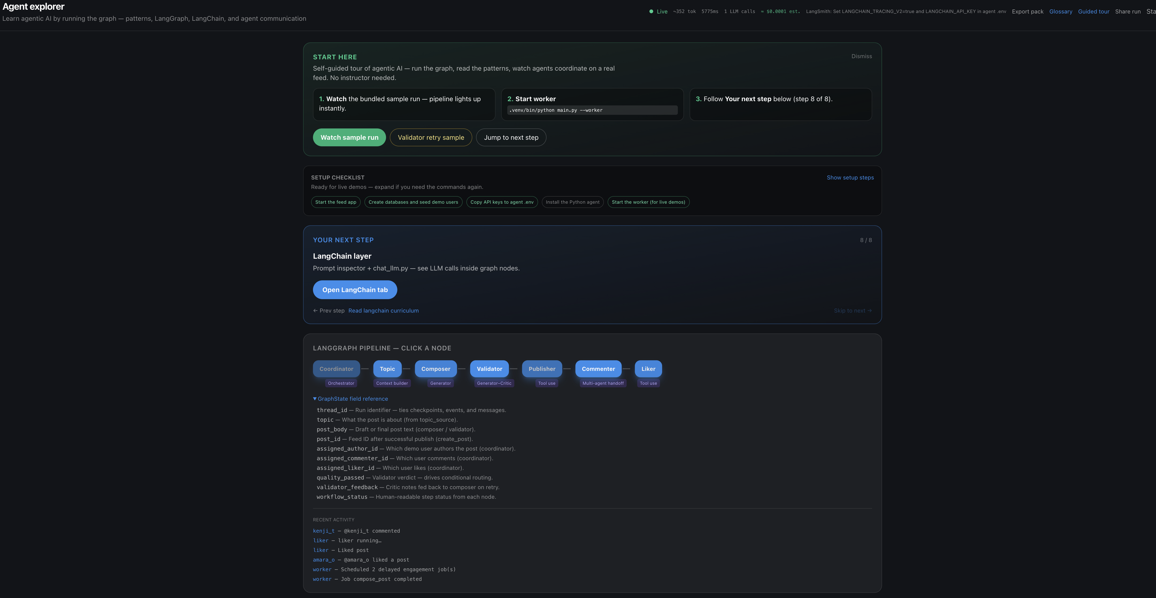 Live LangGraph pipeline with node status and GraphState fields